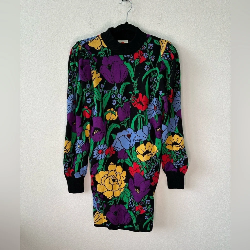 FARM RIO Black Bucolic Garden Mini Sweater Dress SZ XS - Picture 2 of 7